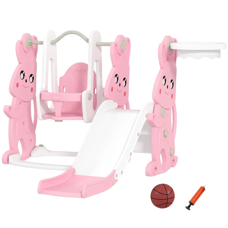 4 in 1 Kids Slide and Swing Set with Climber, Basketball Hoop, Rabbit-Themed, Pink