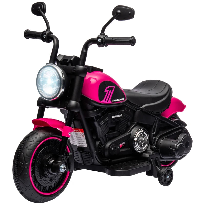 6v Electric Motorbike with Training Wheels, One-Button Start - Pink