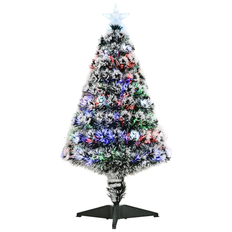 3ft Artificial Prelit Christmas Tree, Snow Xmas Tree with Colourful LED Lighting Fiber Optics, Green White