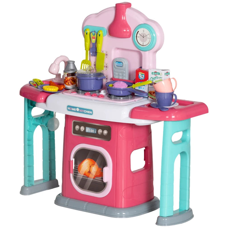 45-Piece Kids Kitchen, Toy Kitchen, with Rotating Side Tables, Lights, Sound Spray