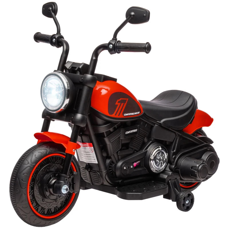 6v Electric Motorbike with Training Wheels, One-Button Start - Red