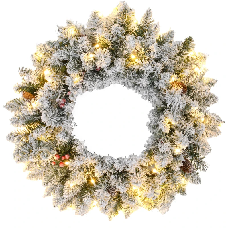 60" Snowy Pine Cone and Berry Christmas Wreath, with LED Lights