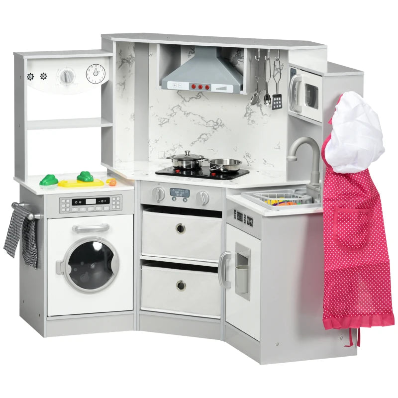 Toy Kitchen with Running Water, Lights, Sounds, Apron and Chef Hat, Water Dispenser, for Ages 3-6 Years, Grey
