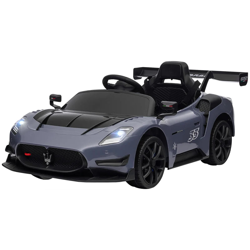 Maserati GT2 Licensed 12V Kids Electric Ride on Car with 4 Suspension Wheels, Remote Control, Music, Horn, Lights, Grey