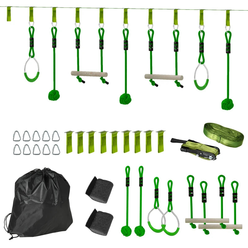 7-Piece Kids Zip Line Kit for Garden, 10m Kids Slackline Kit with Wooden Monkey Bars, Metal Rings, Gripping Balls, Green