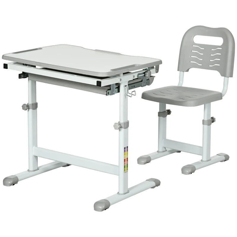 Kids Desk and Chair Set, Student Adjustable Writing Desk, with Drawer, Pen Slot, Hook - Grey