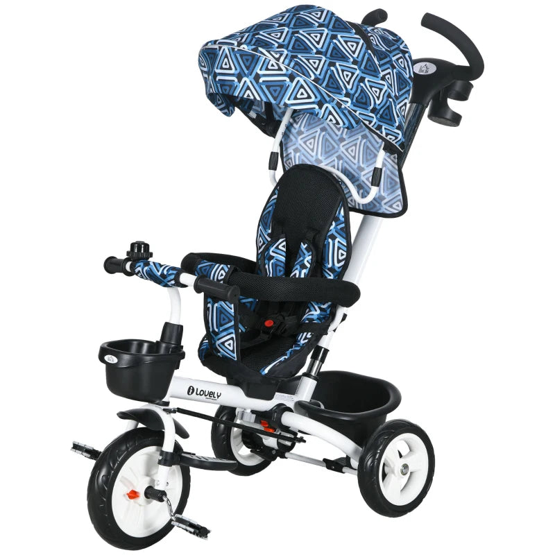 Metal Frame 6 in 1 Baby Push Tricycle with Parent Handle for 1-5 Years Old, Light Blue