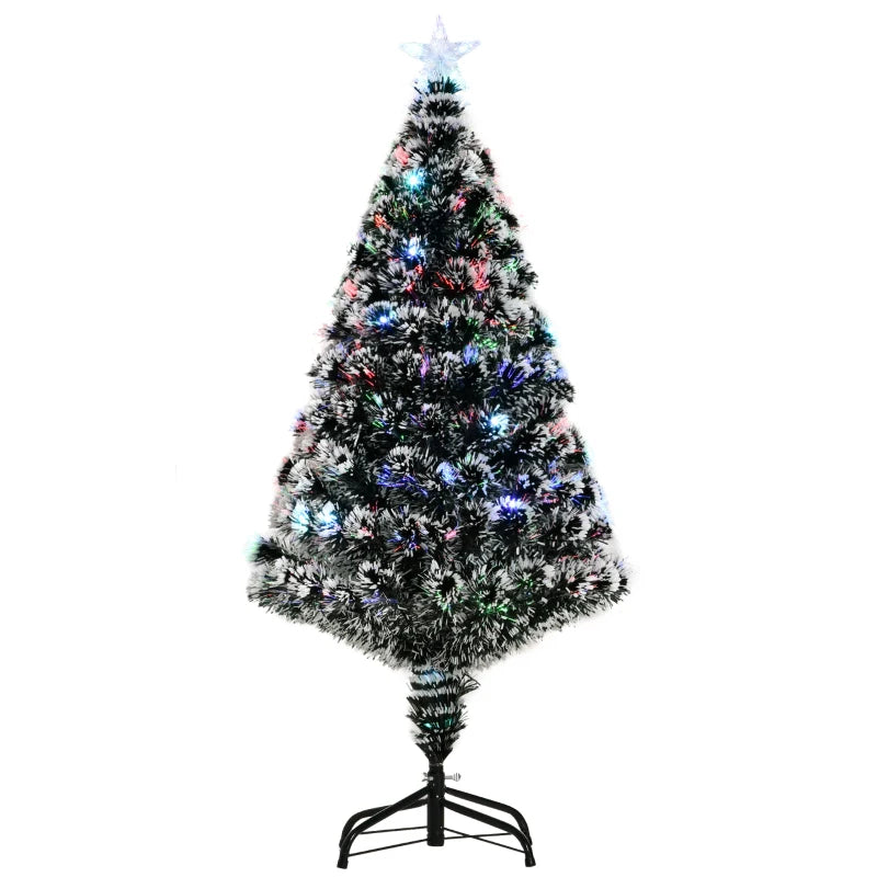 4ft Artificial Prelit Christmas Tree, Snow Xmas Tree with Colourful LED Lighting Fiber Optics, Green White