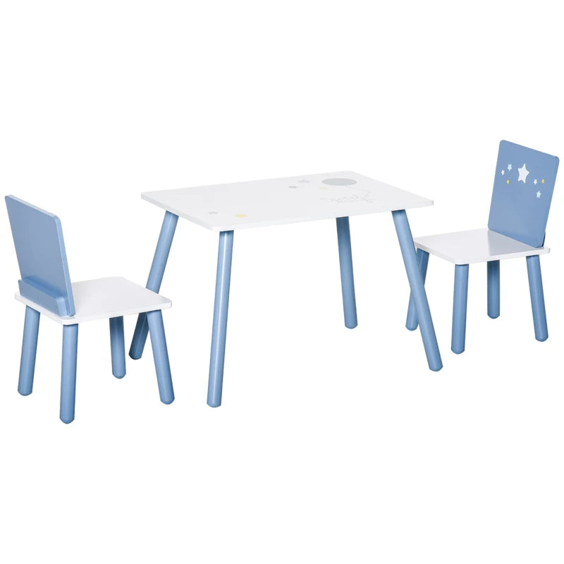 3 Pcs Kids Table & Chairs Set w/ Wood Legs Safe Corners Cute Stars Seating Mini Furniture Home Playroom Bedroom Dining Room Blue