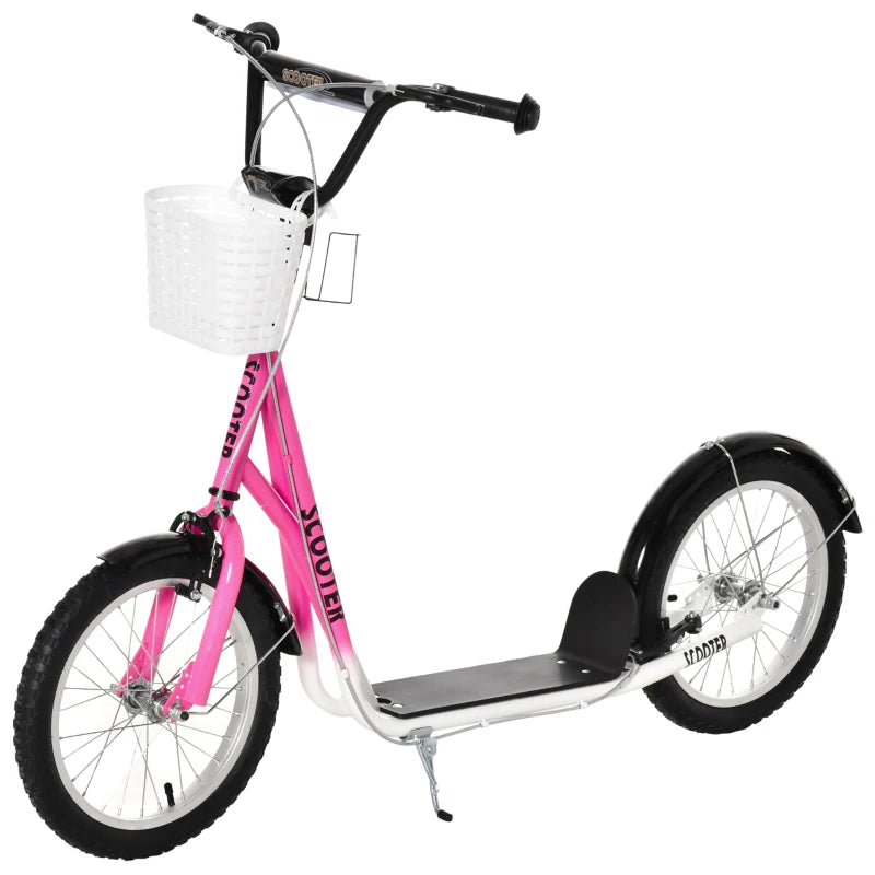 Kids Scooter, Kick Stunt Scooter with Adjustable Handlebar, Dual Brakes, Basket, Cupholder, Mudguard, 16" Inflatable Rubber Wheels, for 5-12 years, Pink