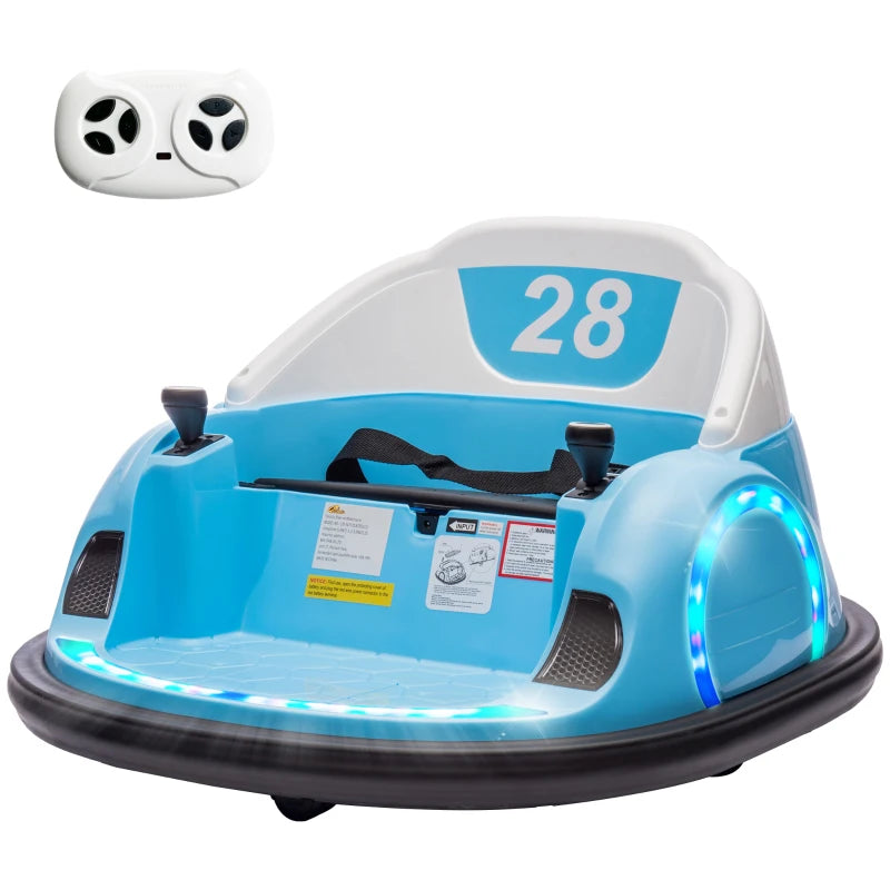 360° Rotation Kids Bumper Car, 12V Waltz Car with Remote Control, Dual Joystick, Music, Lights, Light Blue