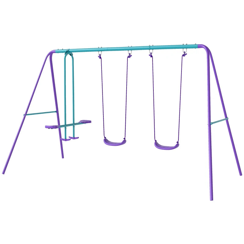 Metal Swing Set, with Seesaw, Adjustable Height, for Ages 3+ Years, Purple