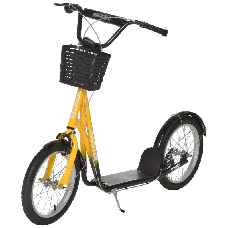 Kids Scooter, Kick Stunt Scooter with Adjustable Handlebar, Dual Brakes, Basket, Cupholder, Mudguard, 16" Inflatable Rubber Wheels, for 5-12 years, Orange
