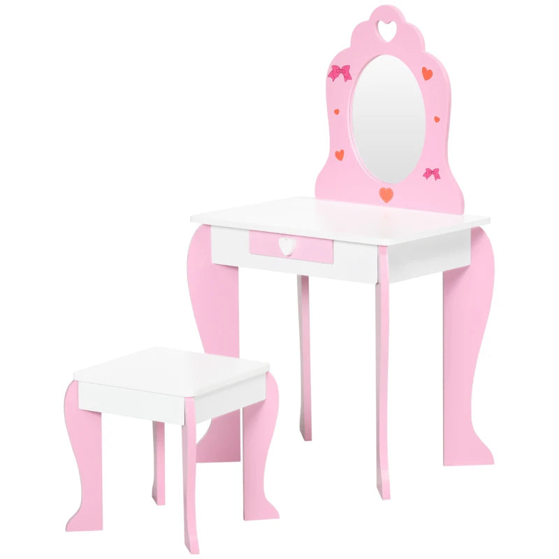 Kids Dressing table Set w/ Mirror, Stool, Drawer, Cute Patterns, for Ages 3-6 Years - Pink