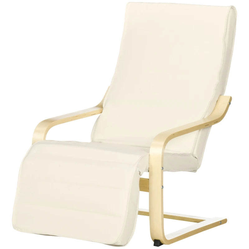 Wooden Armchair, Upholstered Linen Lounge Chair with Adjustable Footrest & Removable Cushion, Poang Chair for Living Room, Cream White