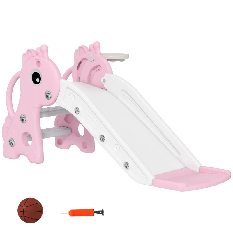 3 in 1 Kids Slide with Climber, Basketball Hoop and Ball, Giraffe Shape Climber Slide for Indoor Kids Age 1-3, Pink