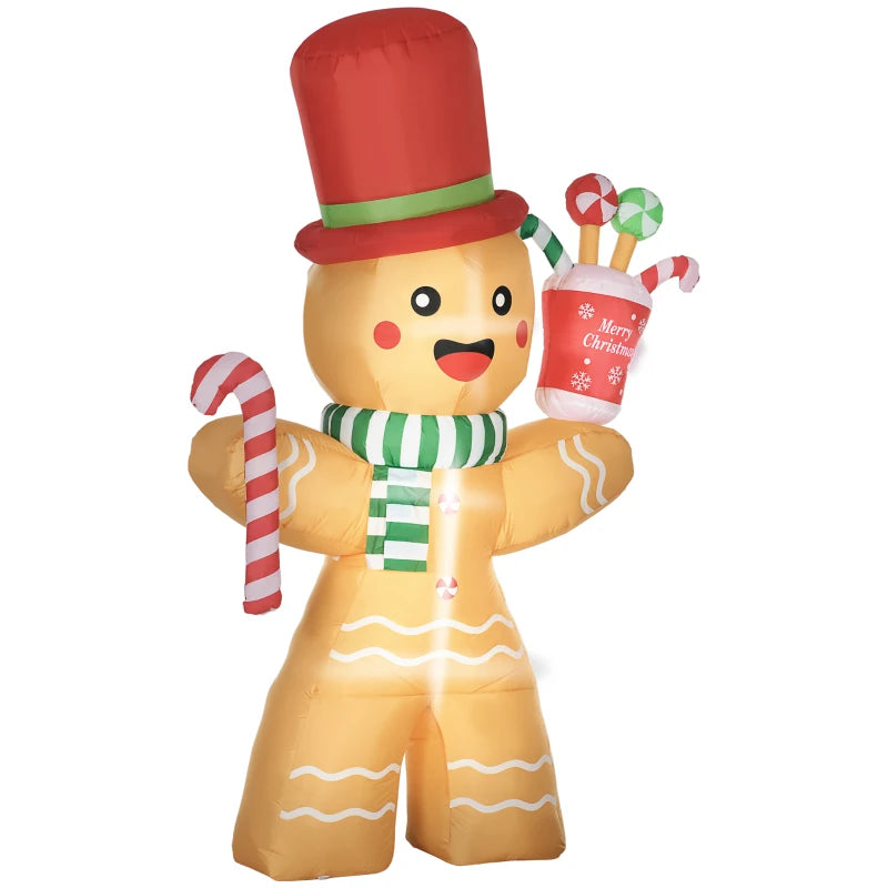 7.5ft Christmas Inflatable Gingerbread Man with Candy Cane and LED Lights, Blow-Up Outdoor LED Garden Display for Lawn, Party