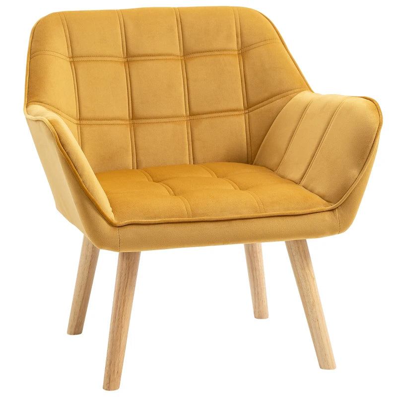 Modern Armchair, Accent Chair with Wide Arms, Slanted Back and Rubber Wood Legs for Living Room, Bedroom, Home Office Yellow