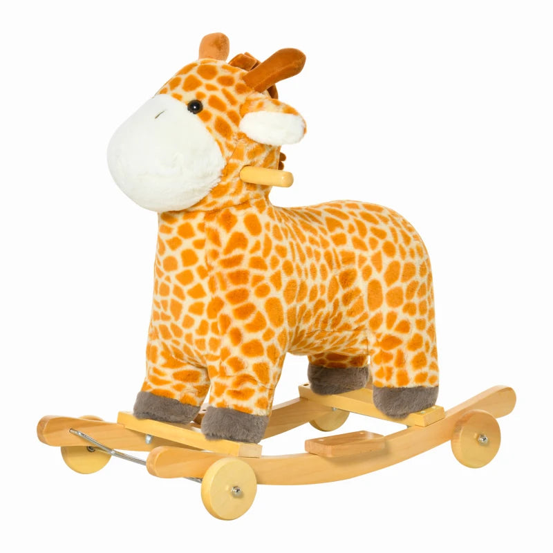 2 In 1 Kids Todder Rocking Horse Plush Ride On Giraffe Rocker with Wheels Wooden Base Animal Sounds for 3-6 Years