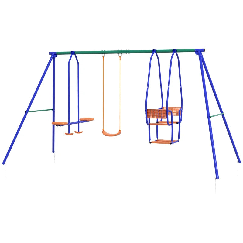Three-In-One Kids Metal Swing Set with Swing, Glider, Rocking Chair Swing, for Ages 3+ years - Orange and Blue