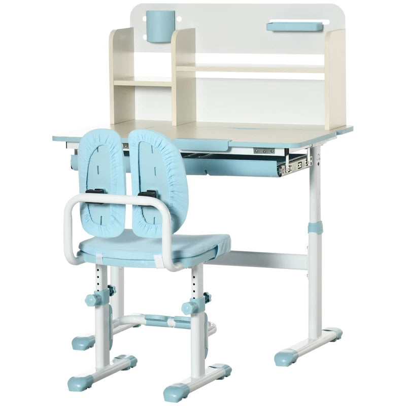 Kids Desk and Chair Set, with Storage Shelves, Washable Cover, for Ages 3-12 Years - Blue