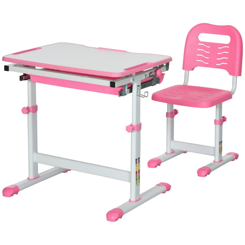 Kids Desk and Chair Set, Student Adjustable Writing Desk, with Drawer, Pen Slot, Hook - Pink