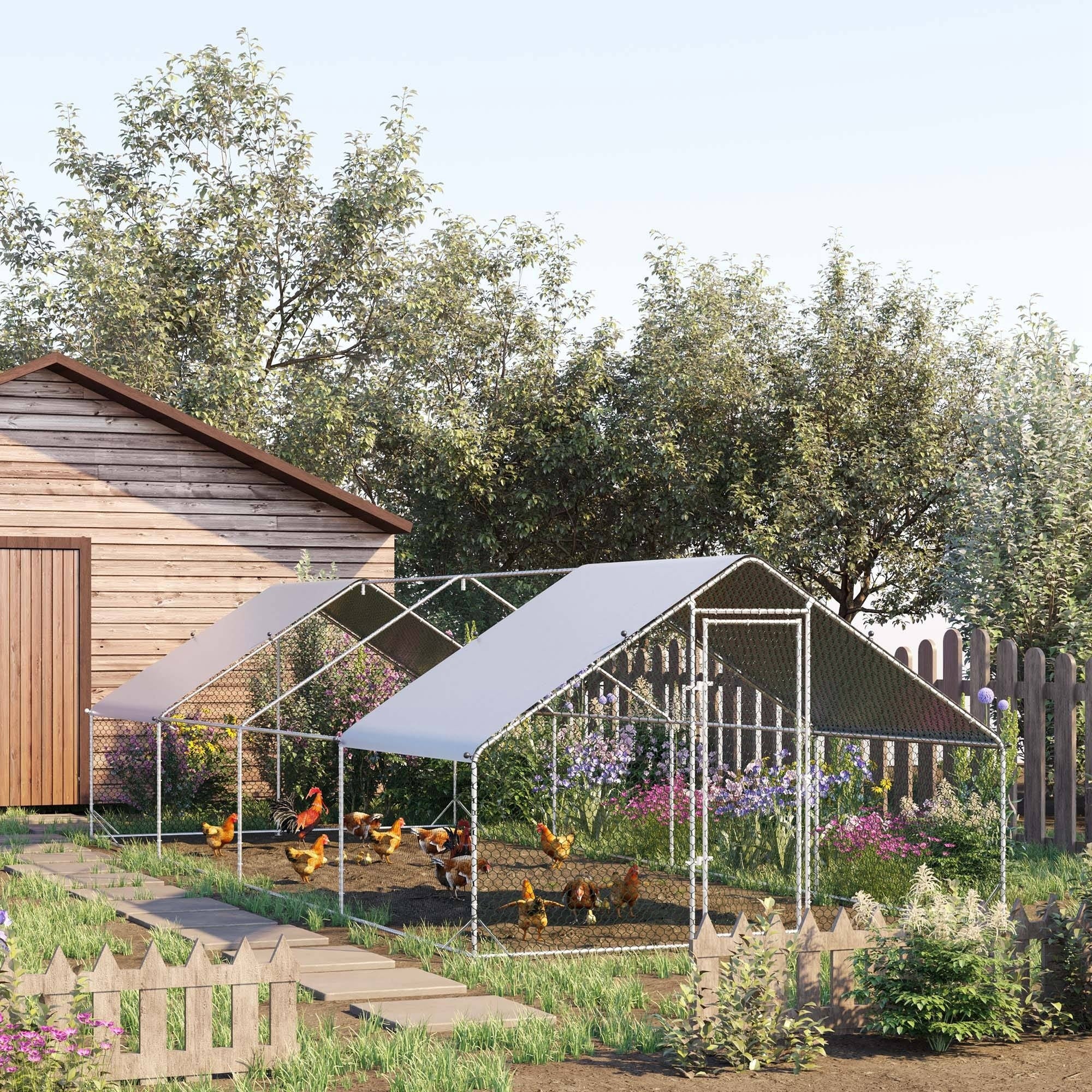 PawHut Walk In Chicken Run Large galvanised Chicken Coop w/ Cover 3 x 8 x 2m