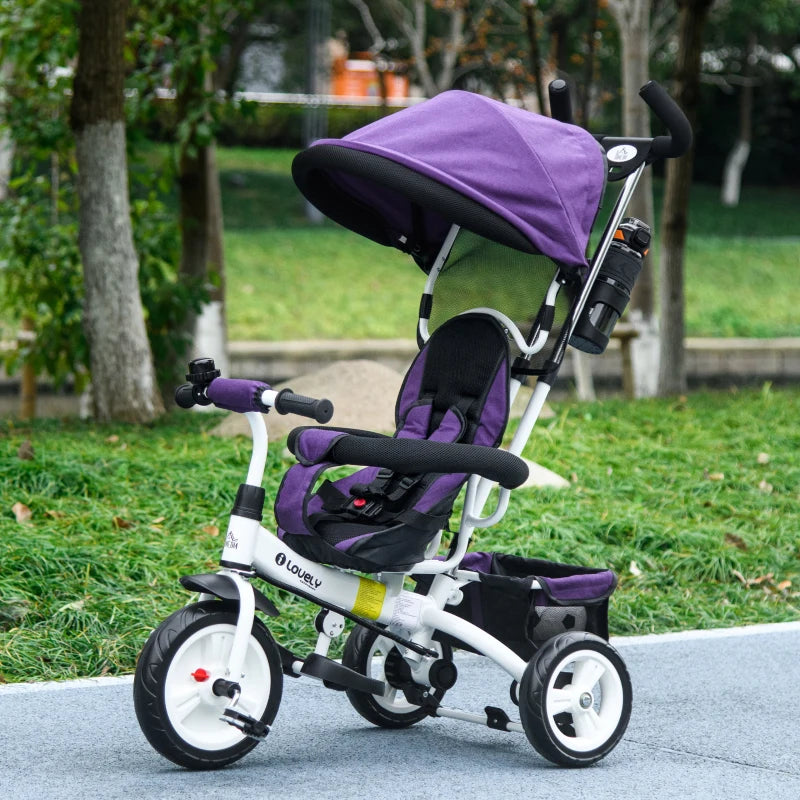 6 in 1 Kids Trike Push Bike w/ Push Handle, Canopy, 5-point Safety Belt, Storage, Footrest, Brake, for 1-5 Years, Purple