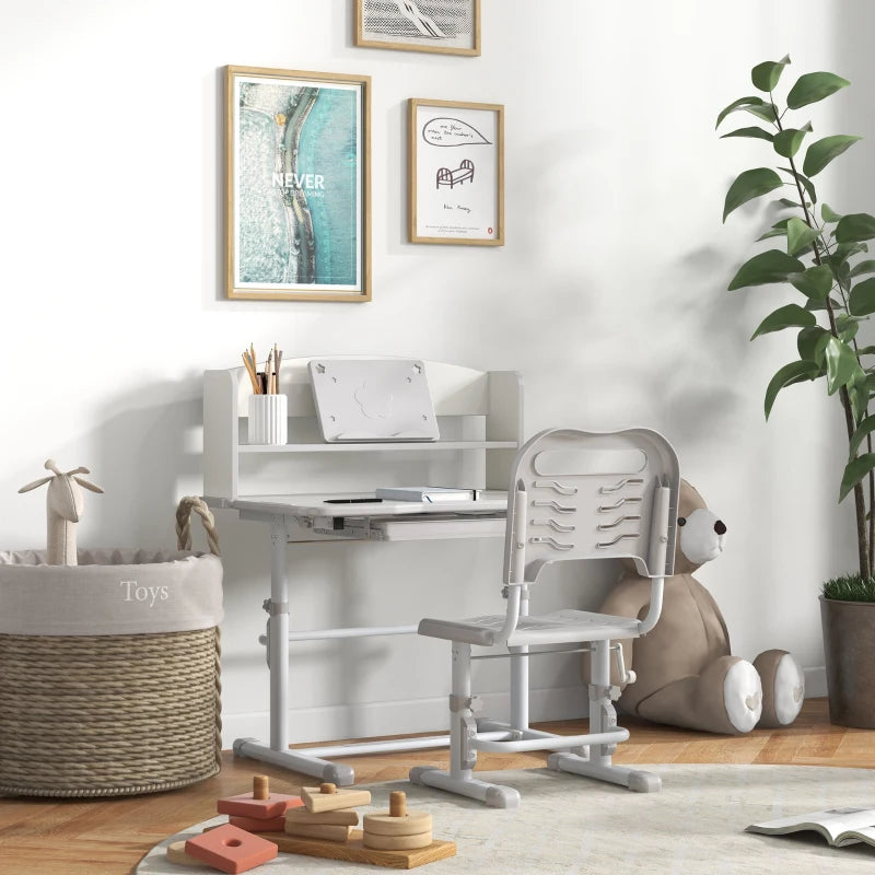 Height Adjustable Kids Study Table and Chair Set, with Drawer, Storage Shelf, 80 x 54.5 x 104 cm, Grey