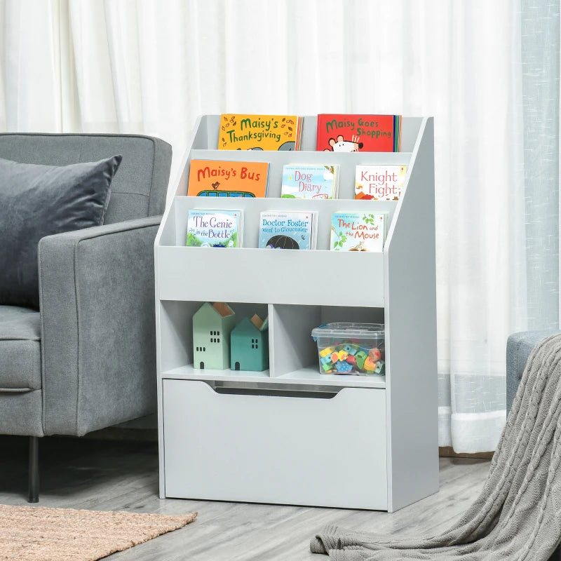 Kids Bookshelf, Toy Organiser, with Storage Drawer, Wheels - Grey