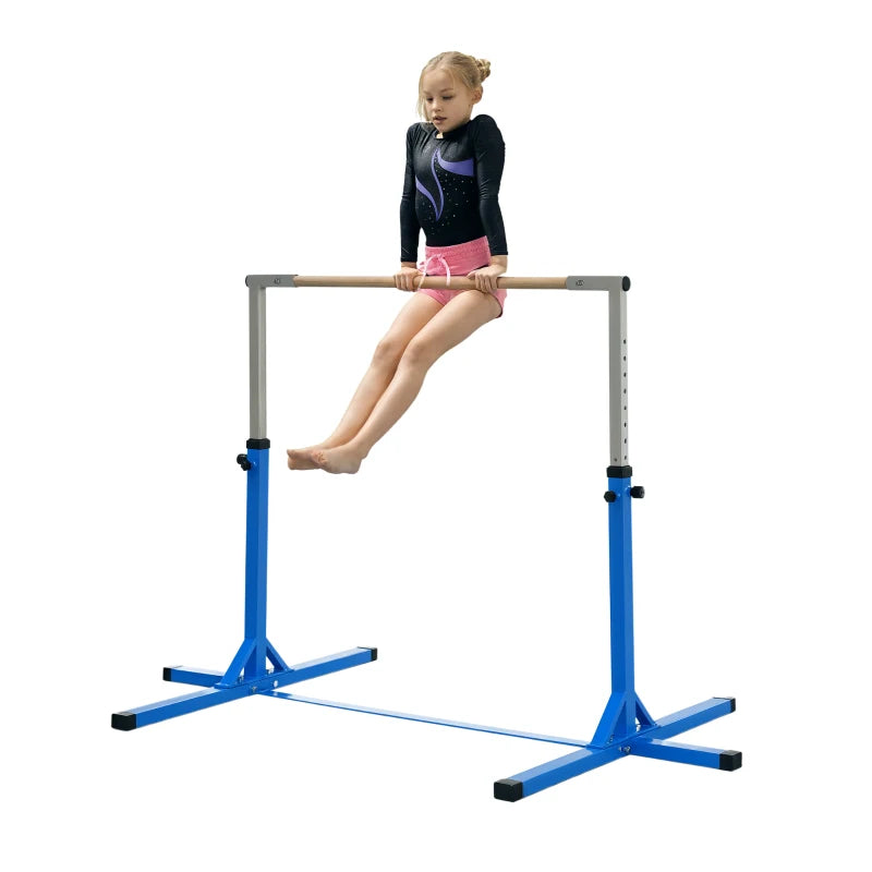 Height Adjustable Gymnastics Horizontal Bar for Kids, Children Junior Kip High Bar Fitness, Blue