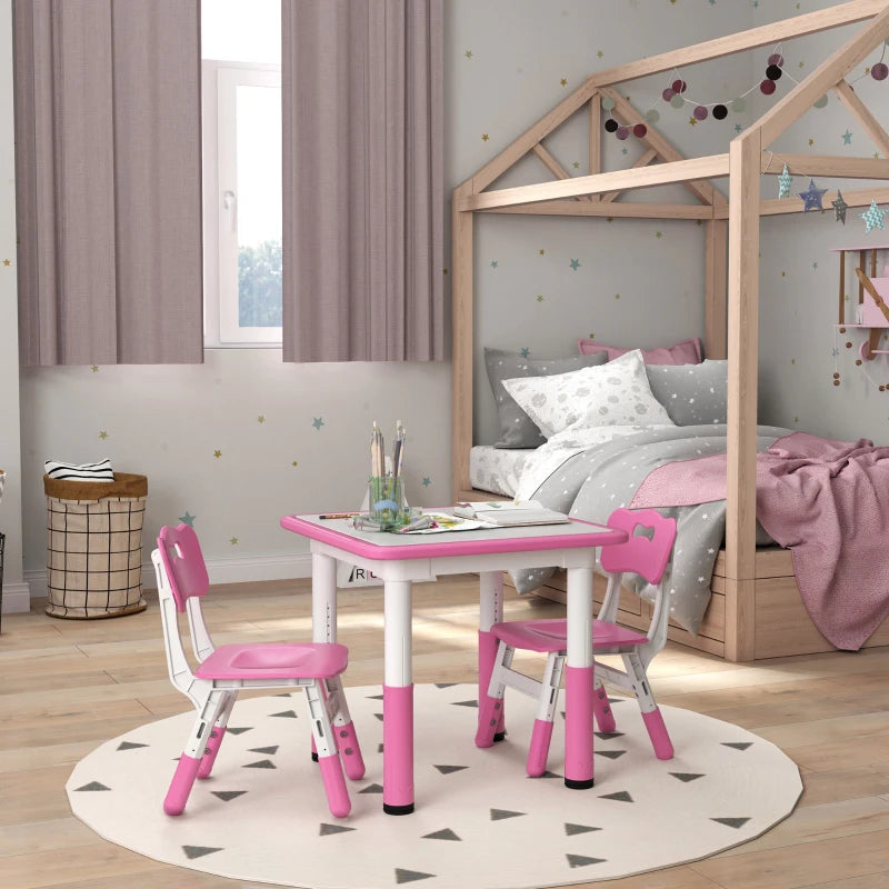 Height Adjustable Toddler Table and Chair Set, 3-Piece Children Activity Table w/ 2 Chairs for Playroom, Bedroom - Pink