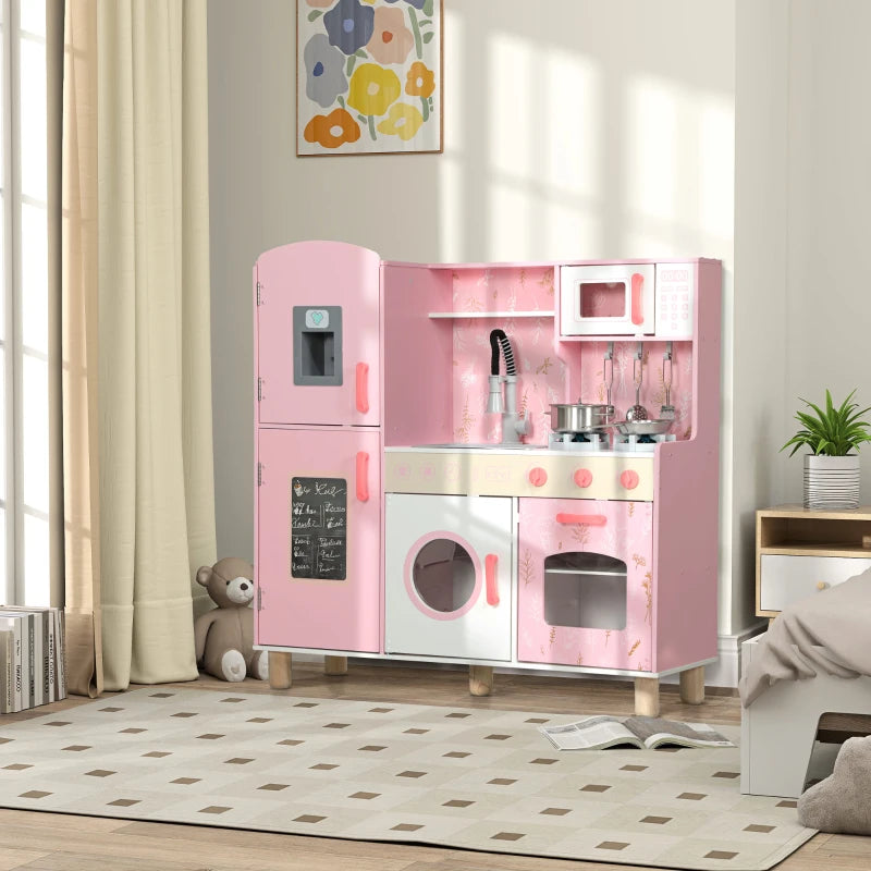 Play Kitchen, Kids Kitchen Set with Lights and Sounds, Double Stoves, Ice Maker, Chalkboard for 3+ Years, Pink