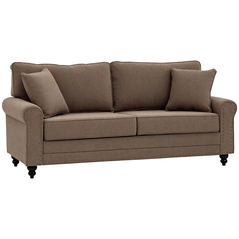 196cm 3 Seater Sofa, Fabric Sofa with Rubber Wood Legs, Nailhead Trim, 2 Pillows, Small Upholstered Couch Settee for Living Room, Guest Room, Brown