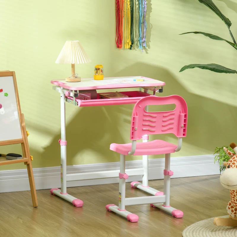 Kids Desk and Chair Set, Student Adjustable Writing Desk, with Drawer, Pen Slot, Hook - Pink