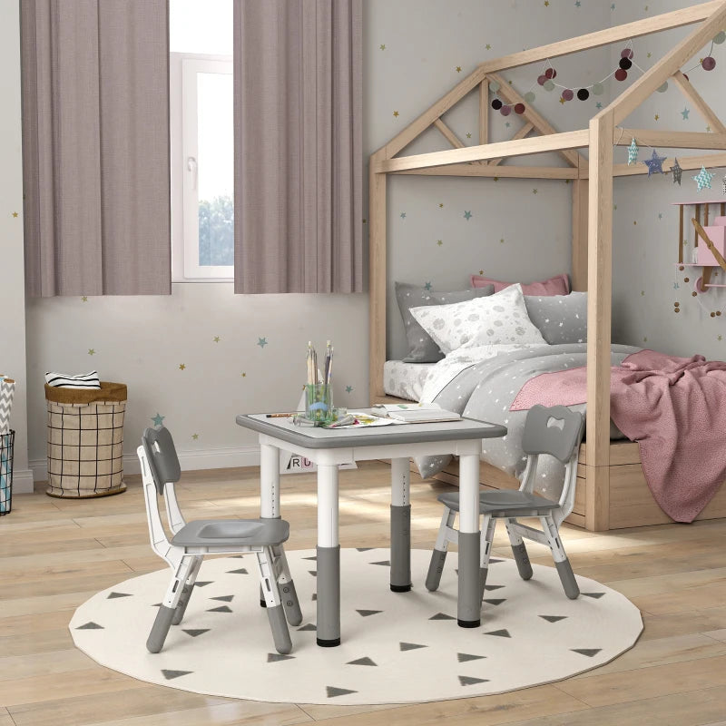 Height Adjustable Toddler Table and Chair Set, 3 Pcs Children Activity Table w/ 2 Chairs, for Playroom, Bedroom - Grey