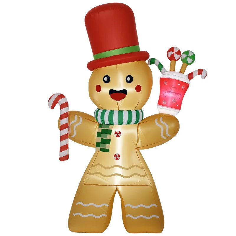 7.5ft Christmas Inflatable Gingerbread Man with Candy Cane and LED Lights, Blow-Up Outdoor LED Garden Display for Lawn, Party