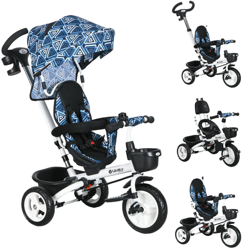 Metal Frame 6 in 1 Baby Push Tricycle with Parent Handle for 1-5 Years Old, Light Blue