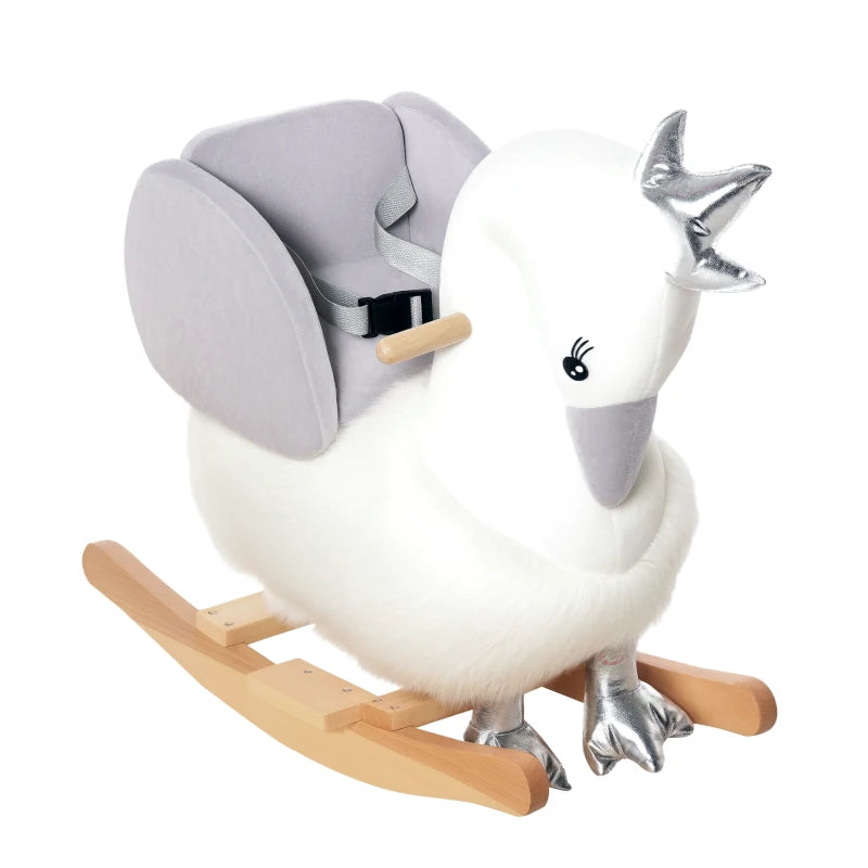 Kids Rocking Horse, Children Plush Ride On Swan Animal Rocker w/ Sound, Wood Base Seat, Safety Belt, Baby Toy Rocker for Toddler 18 - 36 Months, White and Grey