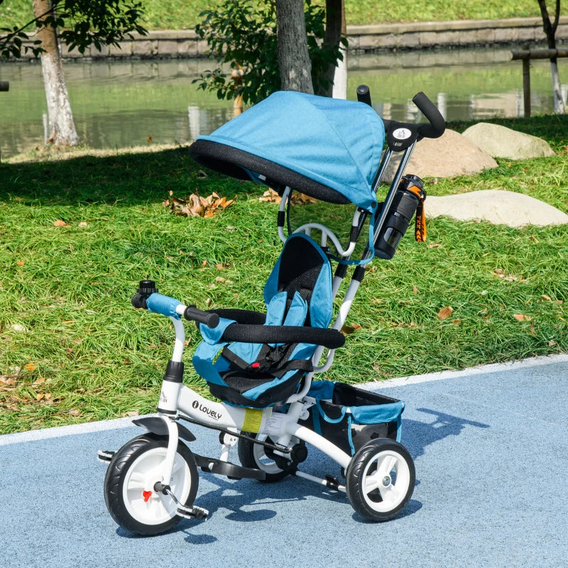 6 in 1 Kids Trike Push Bike w/ Push Handle, Canopy, 5-point Safety Belt, Storage, Footrest, Brake, for 1-5 Years, Blue