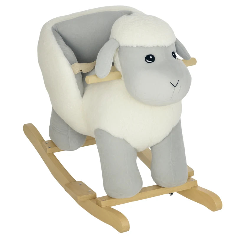 Rocking Horse, Ride on Lamb with Safety Belt, Sound, for Ages 18-36 Months, Grey