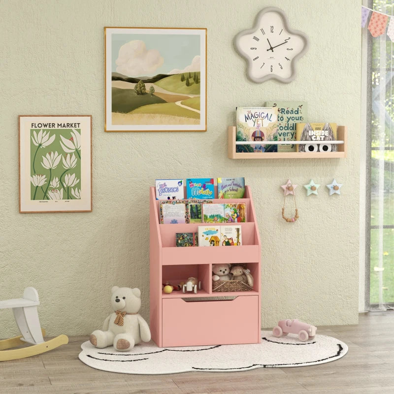 Kids Bookshelf, Toy Organiser, with Storage Drawer, Wheels - Pink