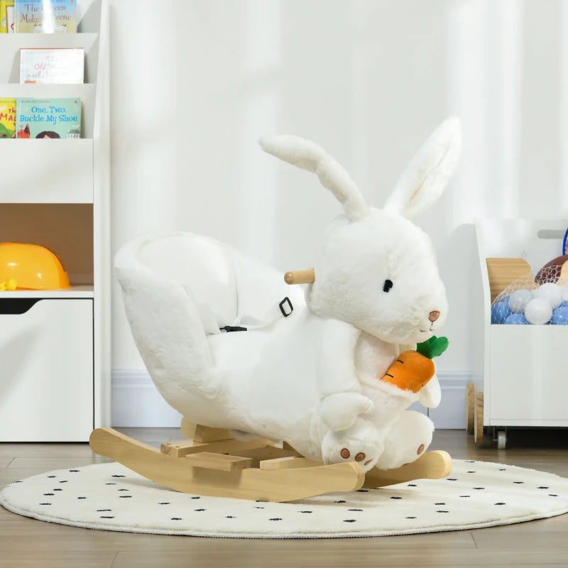 Kids Rabbit-Shaped Rocking Horse, with Safety Belt, Realistic Sounds, for Ages 18-36 Months - White