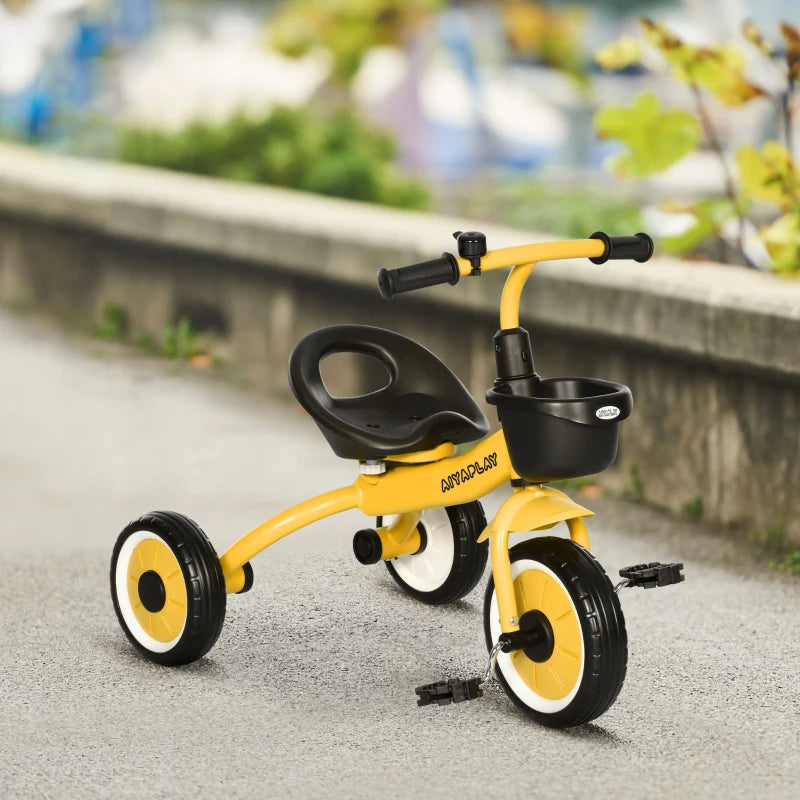 Kids Trike, Tricycle, with Adjustable Seat, Basket, Bell, for Ages 2-5 Years - Yellow