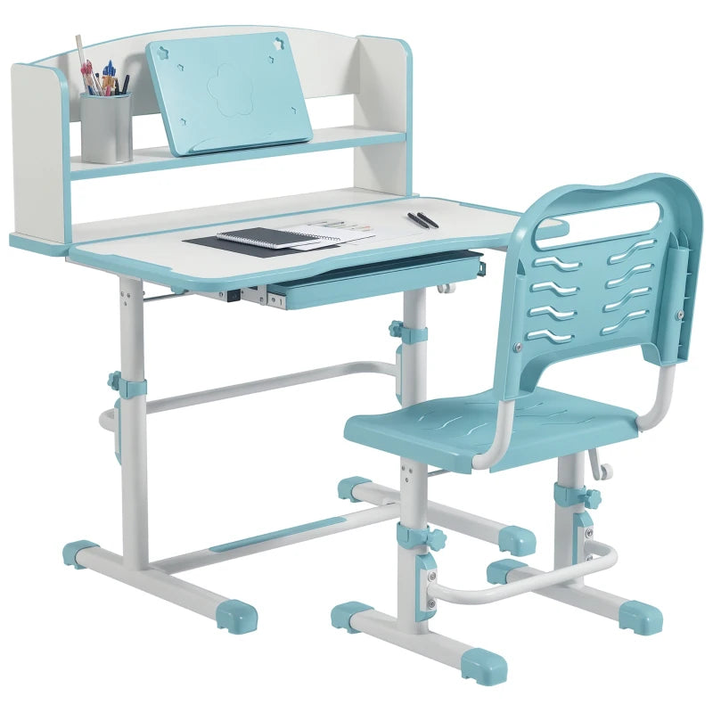 Height Adjustable Kids Study Table and Chair Set, with Drawer, Storage Shelf, 80 x 54.5 x 104 cm, Blue