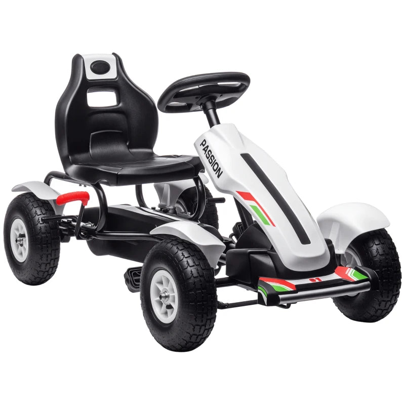Children Pedal Go Kart, Kids Ride On Racer with Adjustable Seat, Inflatable Rubber Tyres, Handbrake, for Ages 5-12 Years - White