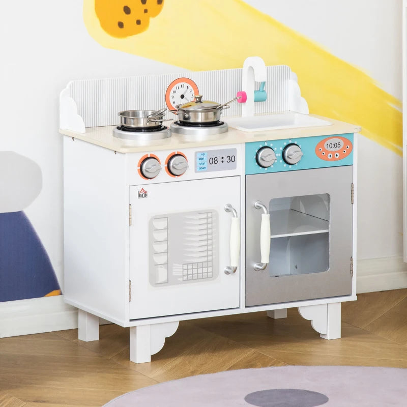 Kids Wooden Play Kitchen Toy Cooking Set Pretend Role Playset, with, Cooking Bench, Stainless Steel Pot for 3-6 Years