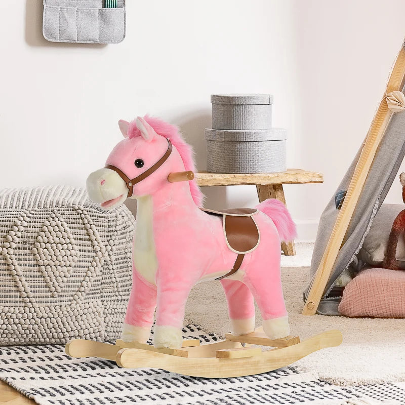 Kids Plush Rocking Horse w/ Sound Moving Mouth Wagging Tail Children Rocker Ride On Toy Gift 3-6 Years Pink