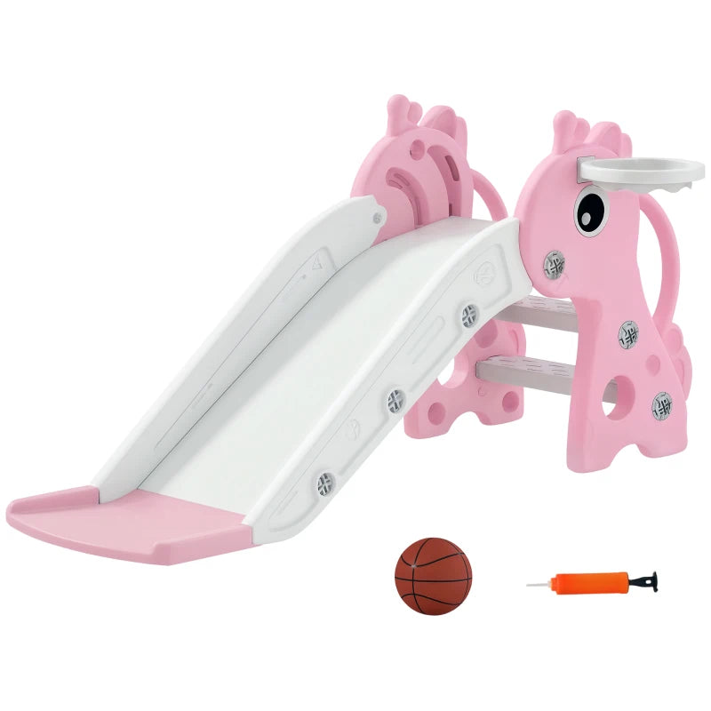 3 in 1 Kids Slide with Climber, Basketball Hoop and Ball, Giraffe Shape Climber Slide for Indoor Kids Age 1-3, Pink