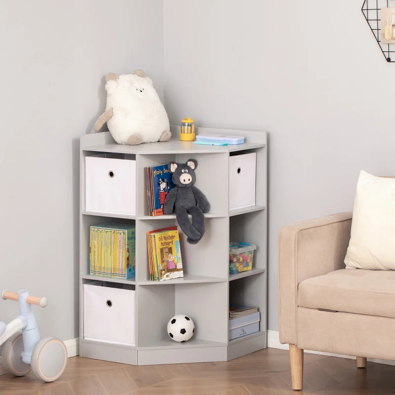 Kids Bookcase, 3 Tier Toy Organiser Storage Unit BookShelf with 3 Non-woven Fabric Drawers, Anti-tip Device, for Bedroom, Children's Room, Playroom, Grey